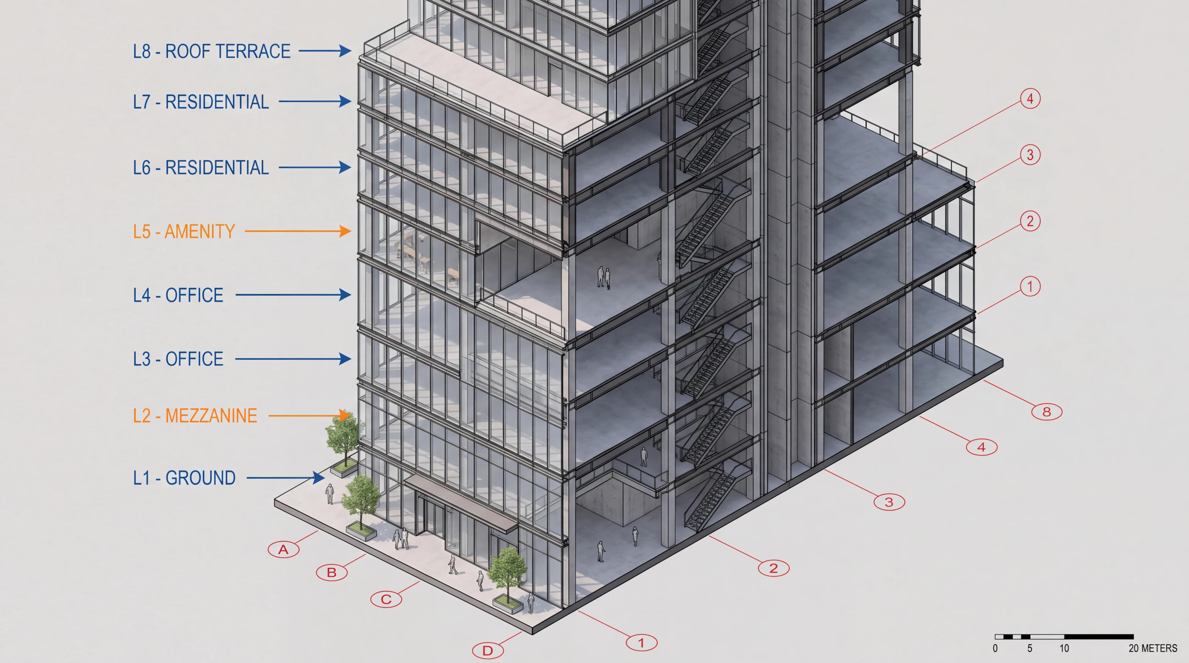 Modelo BIM de un edificio en corte isométrico, mostrando niveles y estructura